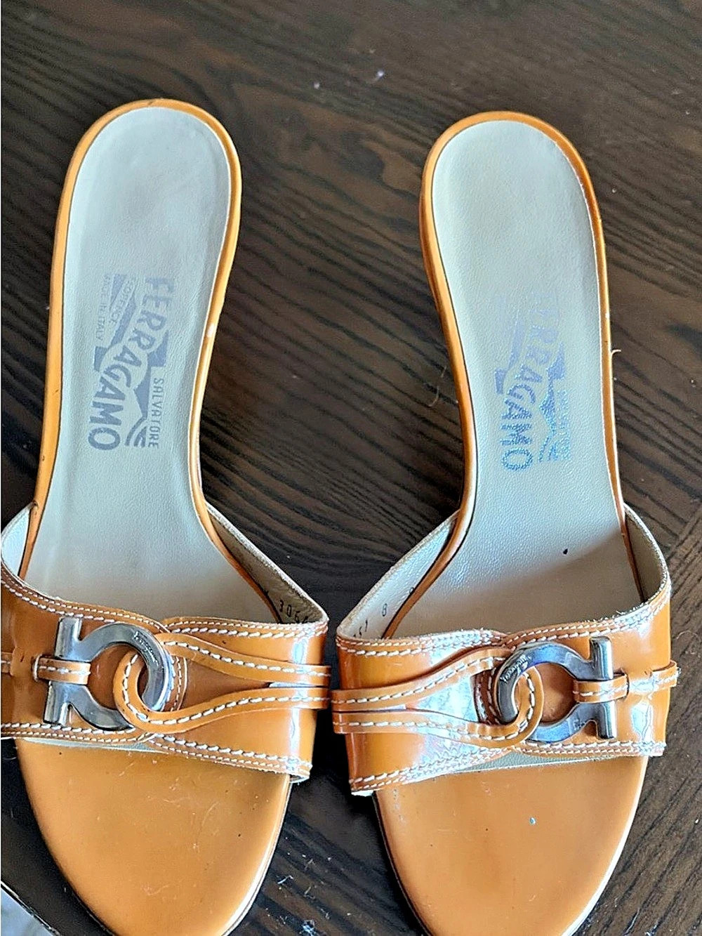 Salvatore Ferragamo Gancio Patent Leather Kitten Heel Mules Brown US 8